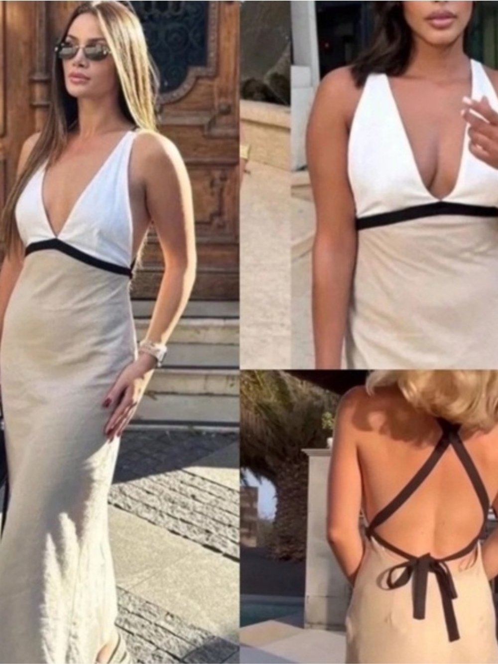 NWT Zara Beige Maxi Dress with Black Trim and Open Back Sz XL